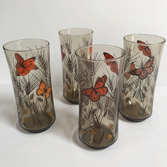 Vintage Butterfly Wheat Drinking Glasses Amber